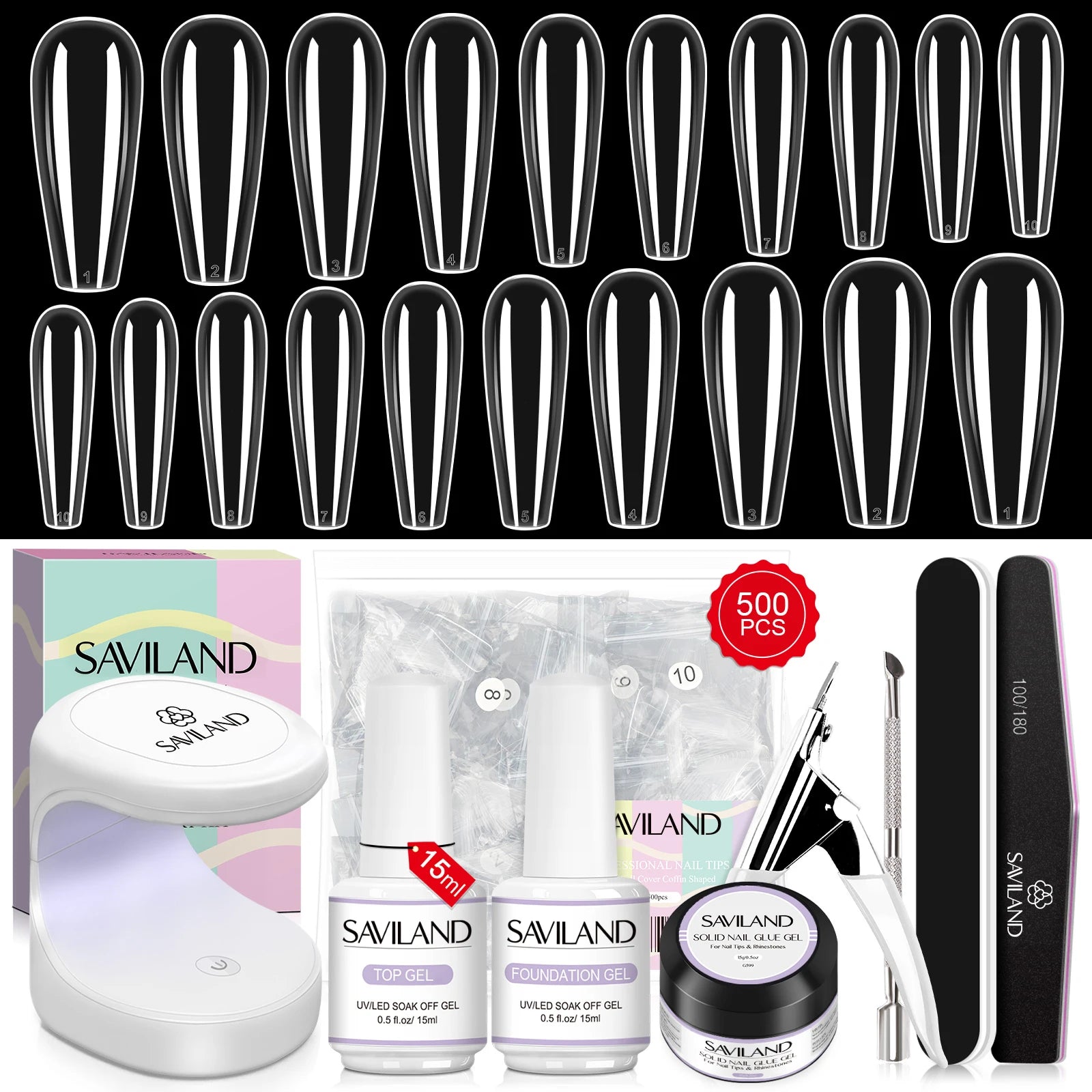 SAVILAND 500pcs Gel X Nail Kit For Extension Nail Tips Full Cover Press On Nails Sculpted Almond Coffin with UV LED Nail Lamp