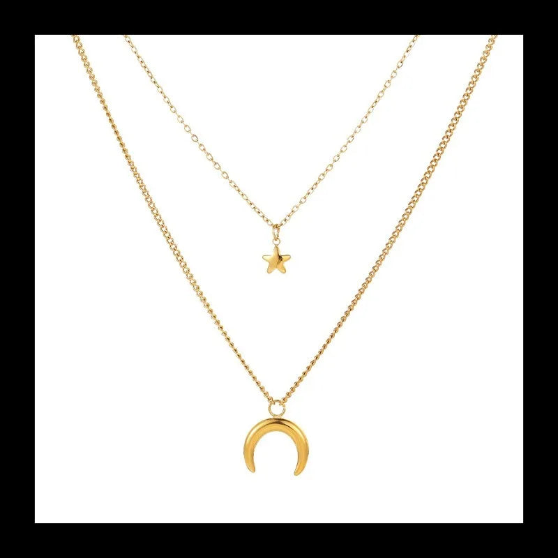 Personality Temperament Retro Style Necklace Stainless Steel Plated Real Gold Moon Star Titanium Steel Necklace