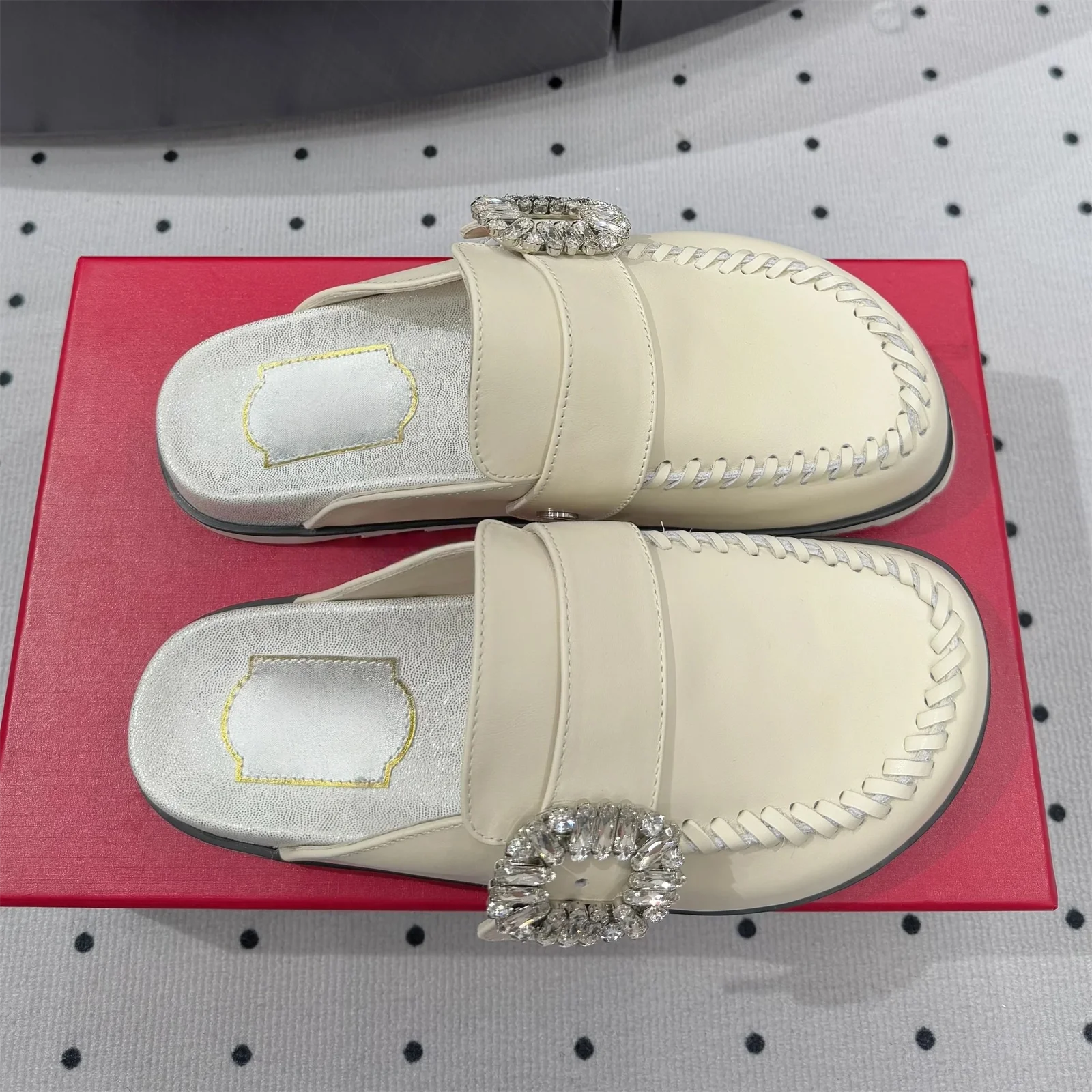 Top Version Genuine Leather Round-Tpe Thick Sole Woman Slippers Buckle-Belt Decora Mules Slip-ons Loafers Slides Bota Feminina