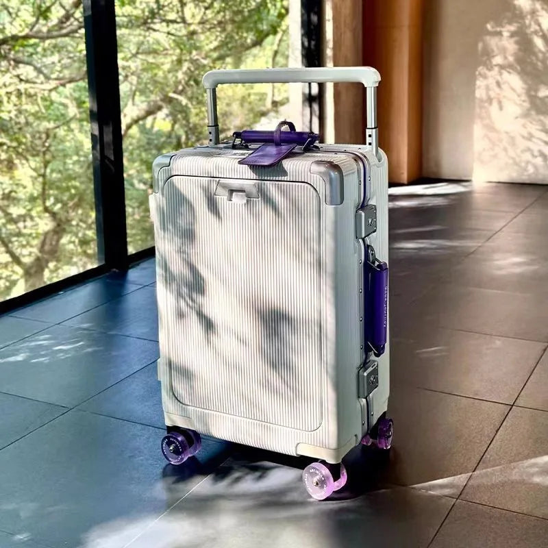 Front Opening Pocket Rolling Luggage Aluminum Frame Wide Handle Trolley Suitcase with Upgrade Silent Wheel USB Charging Plug TSA
