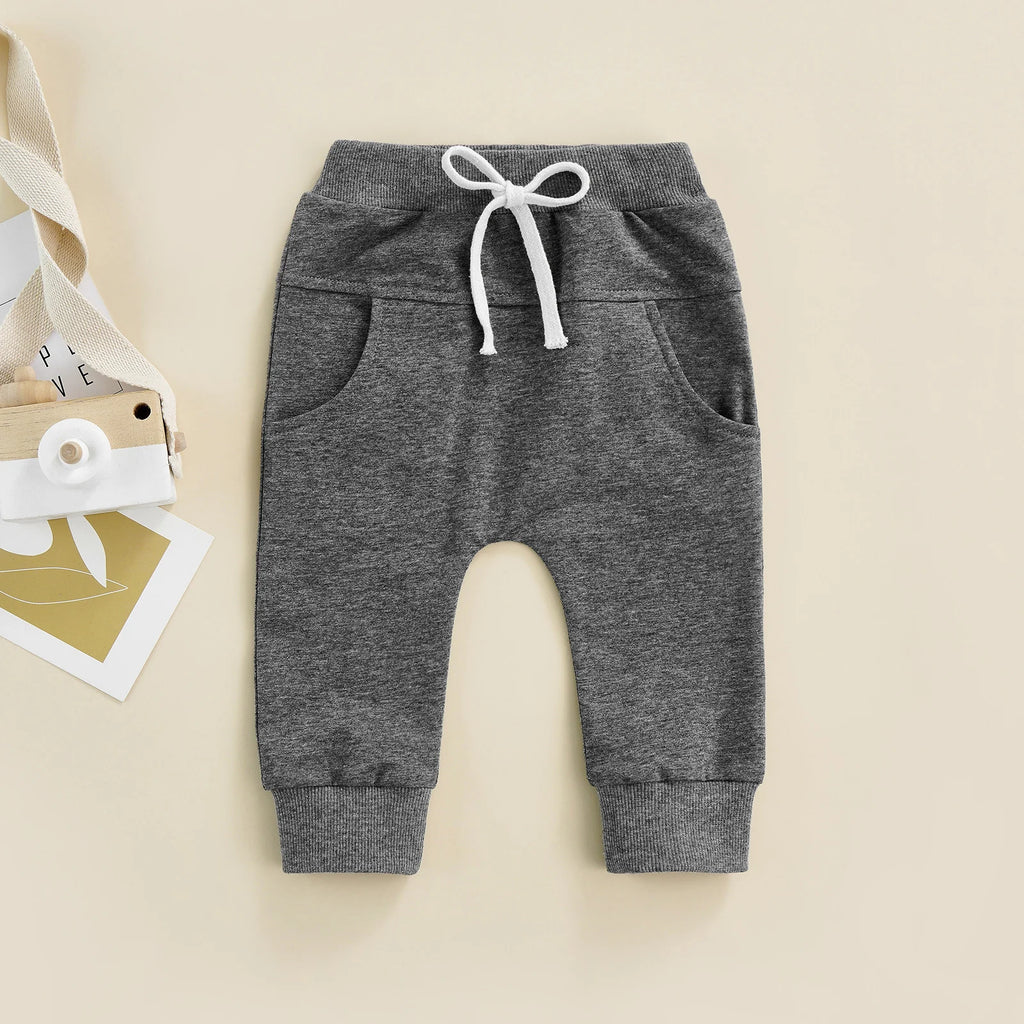 Newborn Boys Girls Casual Trousers Elastic Waist Adjustable Drawstring Plain Leisure Style Loose Fit Long Pants Sweatpants