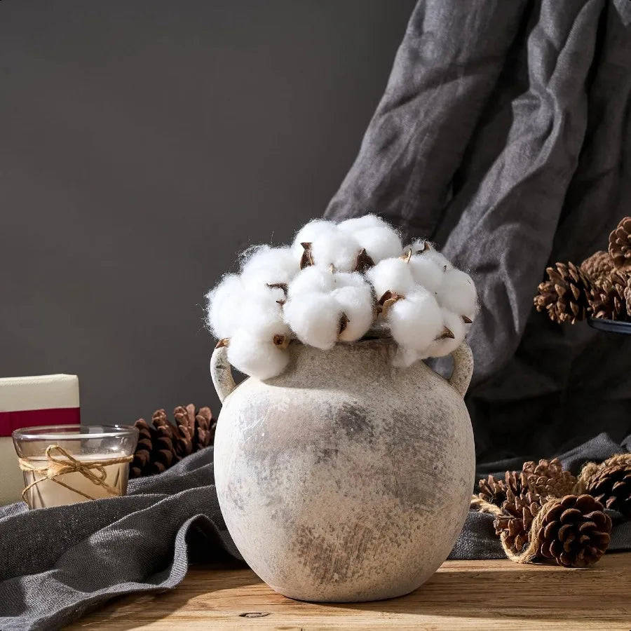 Ceramic Terracotta Vase with Handles 5.8 Inch Decorative Rustic Vase for Home Decor Farmhouse Living Room Table Gray Set of 1