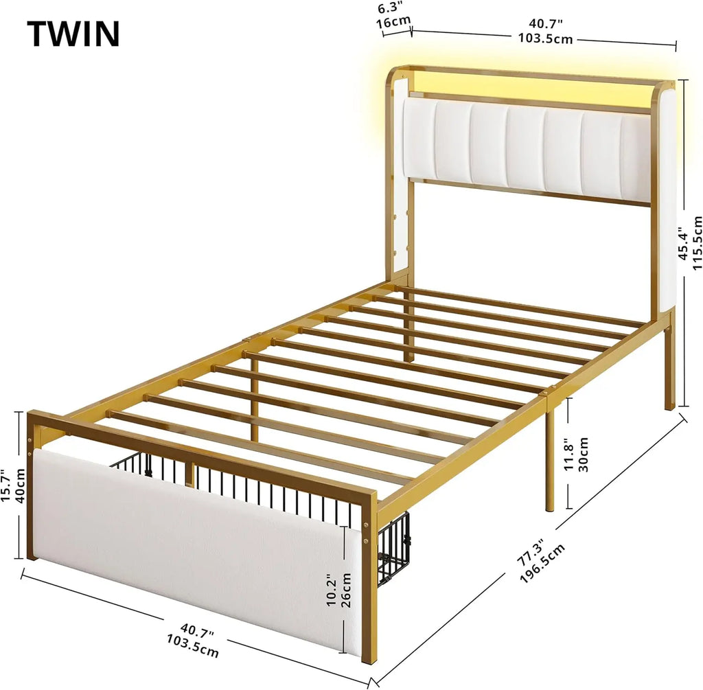 LIKIMIO Queen / Twin Bed Frame with Armrests Headboard & RGB Light, Upholstered Queen Size Bed Platform with Drawers, No Noise