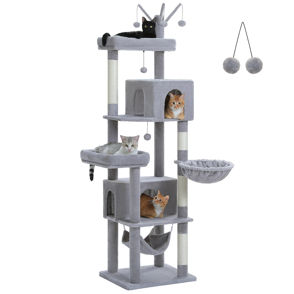 190cm Large Cat Tree 6-Level Cat Tower with 2 Big Perches,Cozy Hammocks,Natural Sisal Rope,2 Cat Condo,Pompoms for Indoor Cats