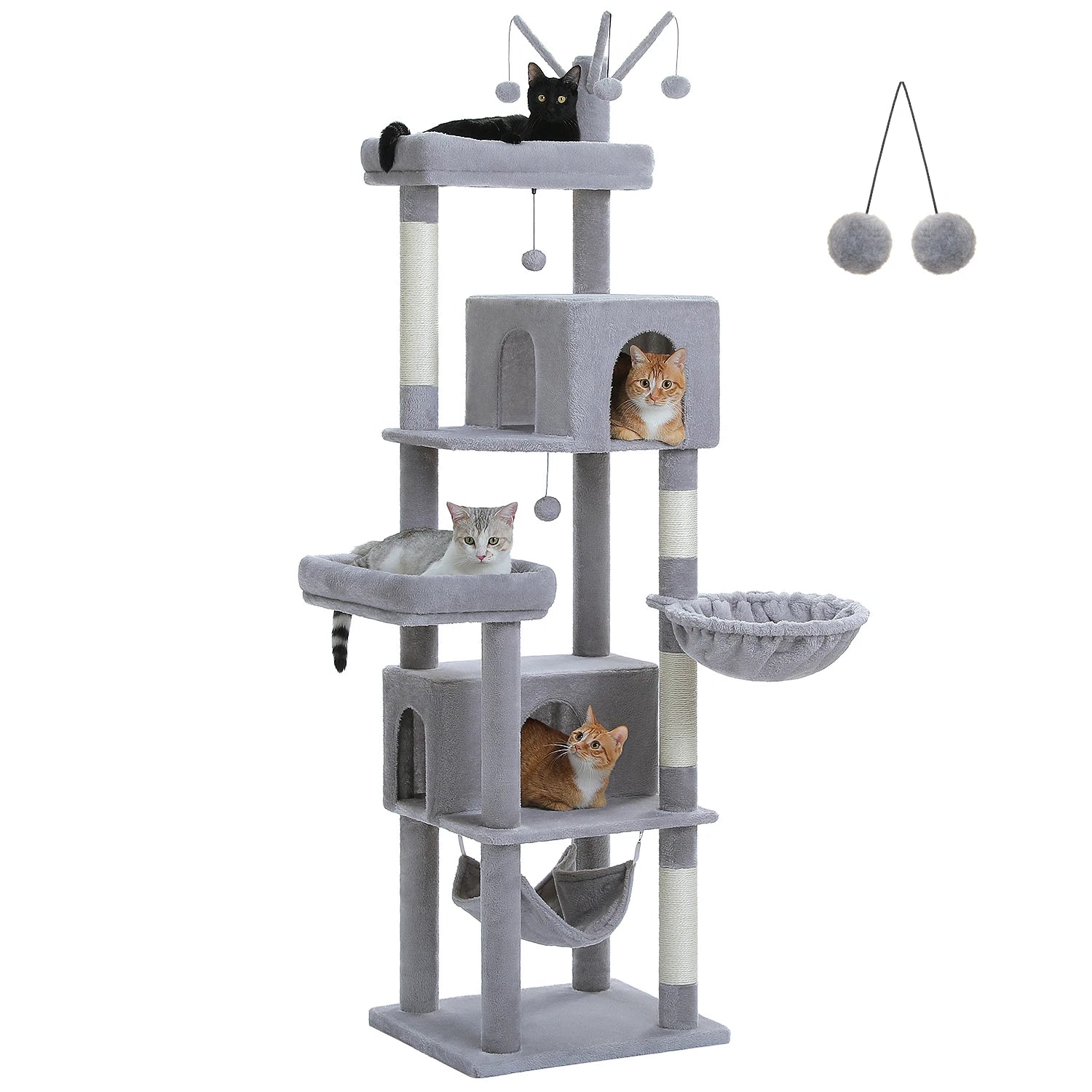 190cm Large Cat Tree 6-Level Cat Tower with 2 Big Perches,Cozy Hammocks,Natural Sisal Rope,2 Cat Condo,Pompoms for Indoor Cats