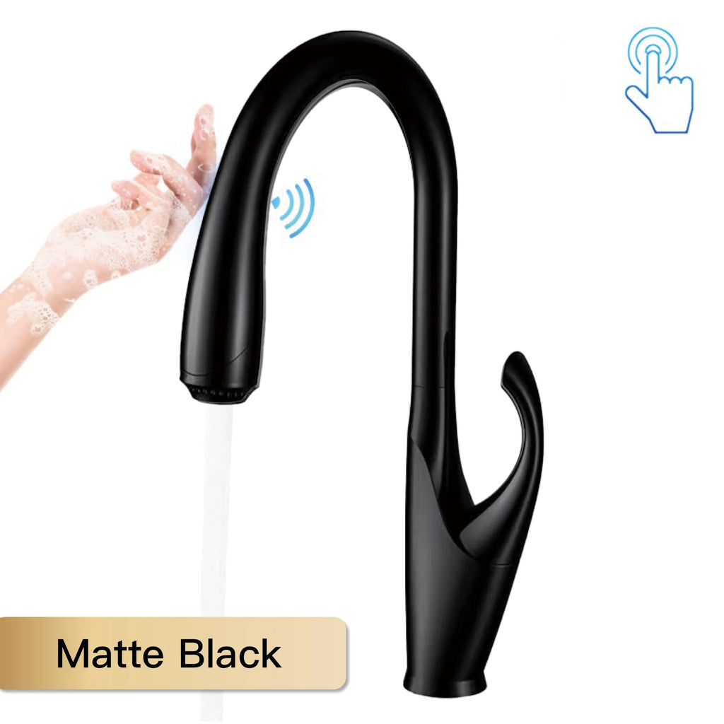 High end touch black kitchen faucet brass pull out design three function single handle cold and hot dual control sink faucet