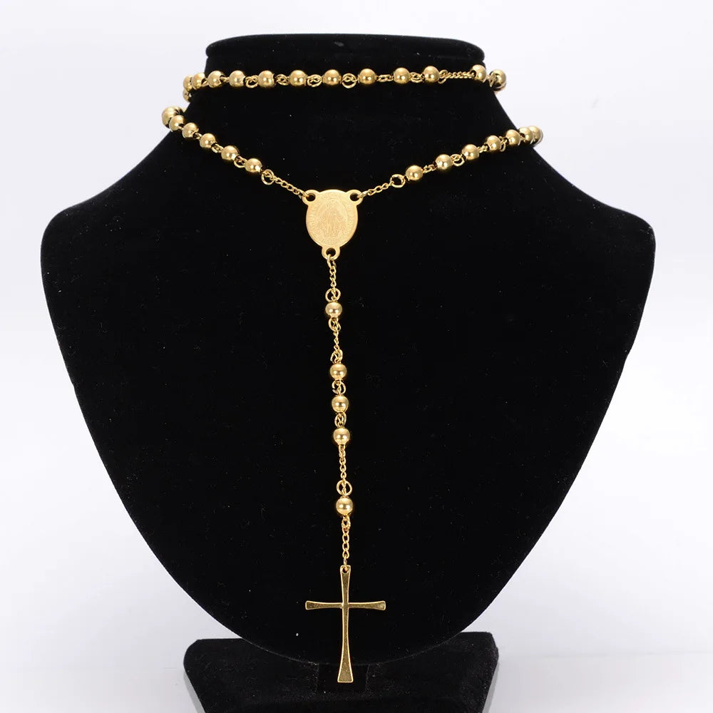 4/6/8mm  Stainless Steel Pendant Necklace Men Women Rosary Beads Chain Necklace