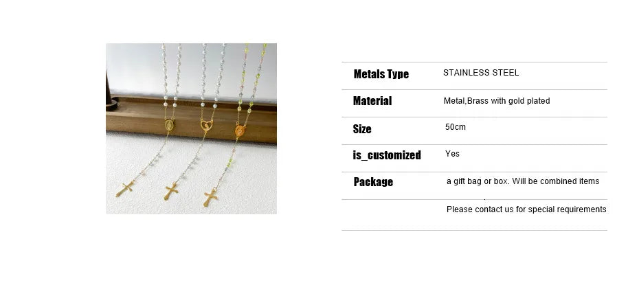 Y Shape Beads Chain Gold Color Stainless Steel Virgin Mary Cross Rosary Pendant Long Necklace Women Girls Jewelry Spiriti Pray