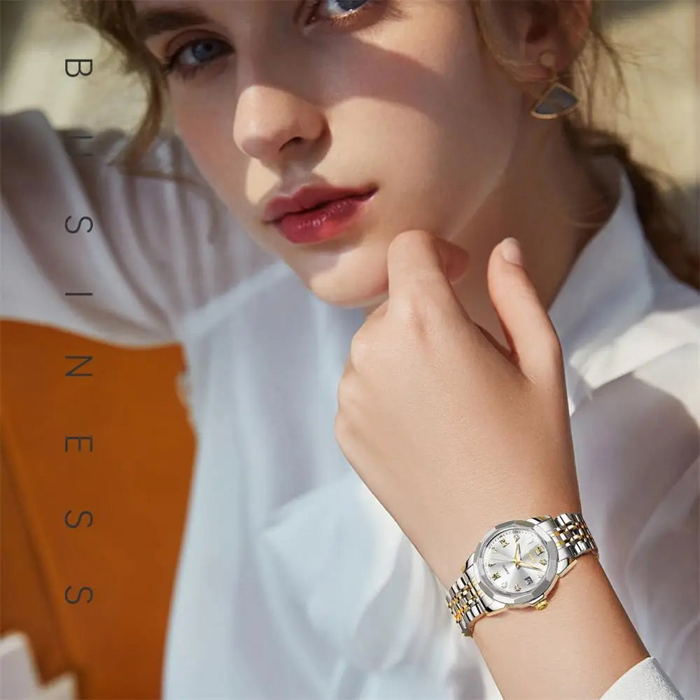 SKMEI Luxury  Quartz Wristwatch For  Women Stainless Steel Waterproof All-Steel Wristwatch Ladies Casual Week Date Waterproof