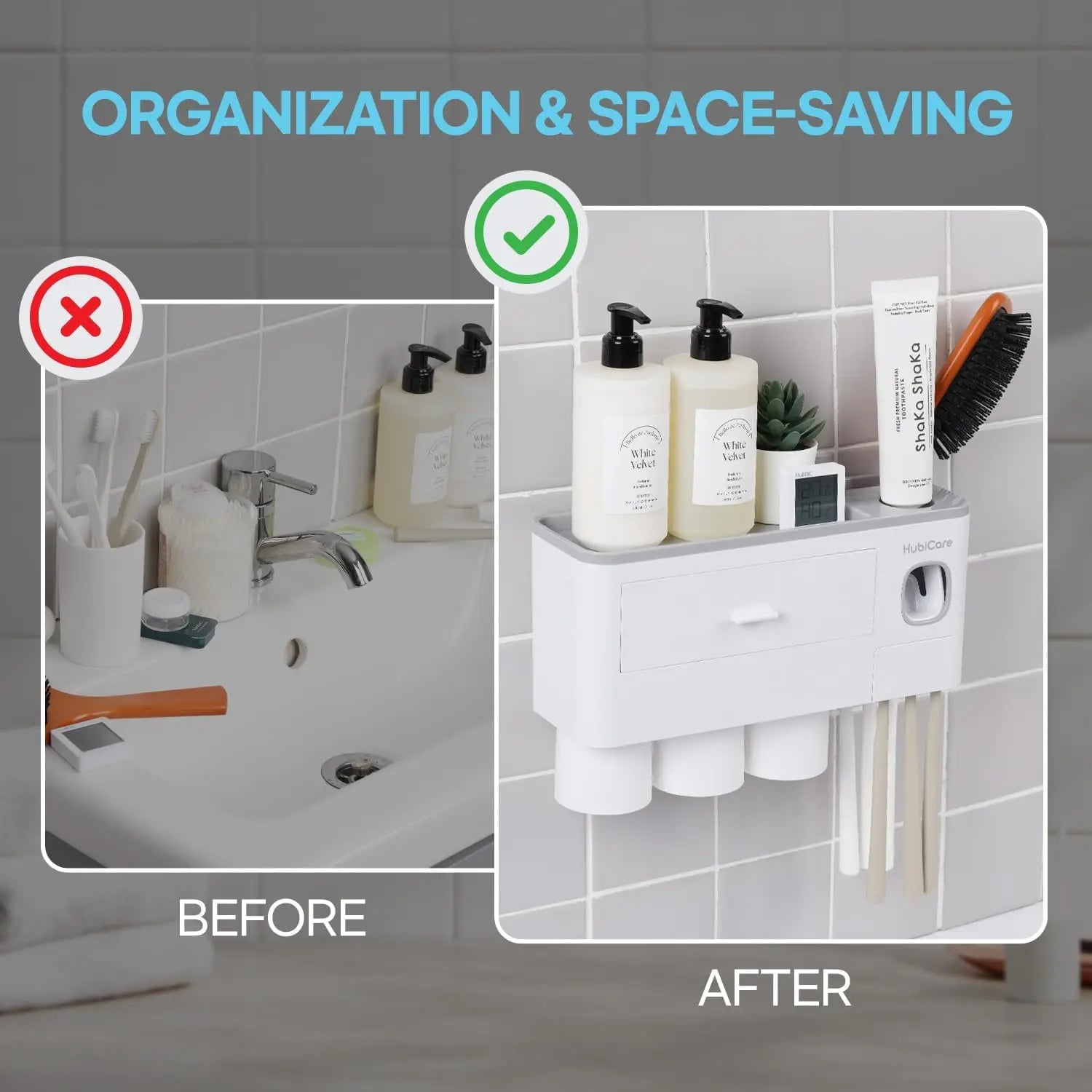 HubiCare Toothbrush Holder with Toothpaste Dispenser Wall Mounted for Bathroom, Automatic Toothpaste Squeezer, Bathroom Organiza