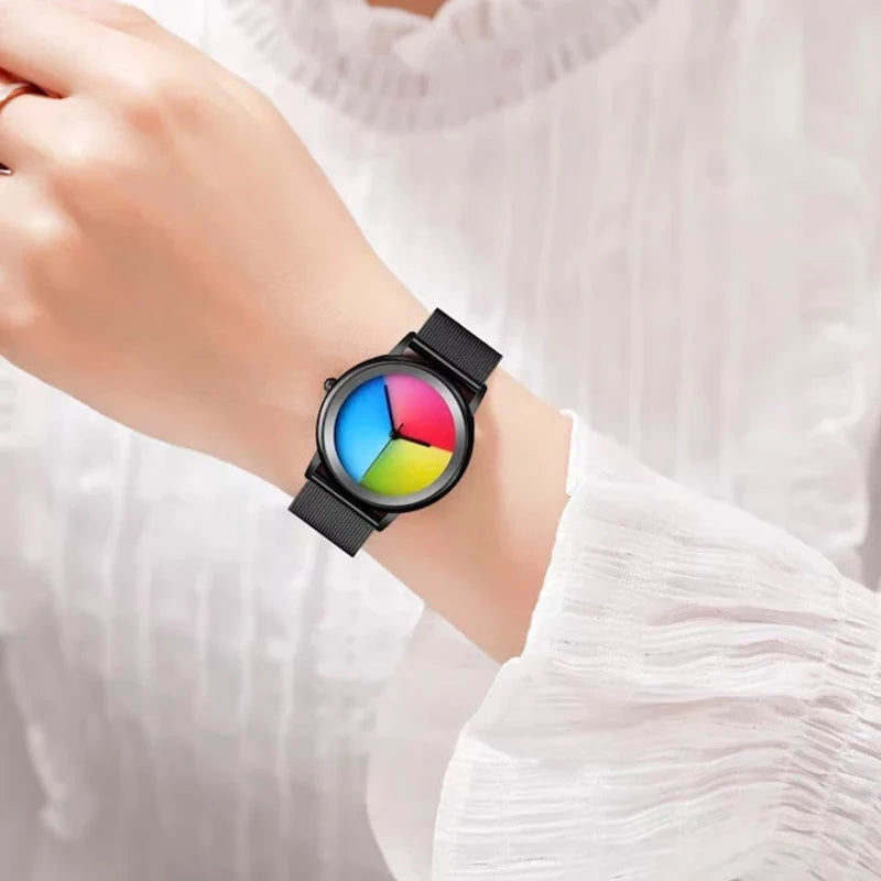 New Unique Women Watch Fashion Casual Colorful Changing Dial Quartz Wriswatch Simple Ultrathin Steel Lady Watches Special Gift