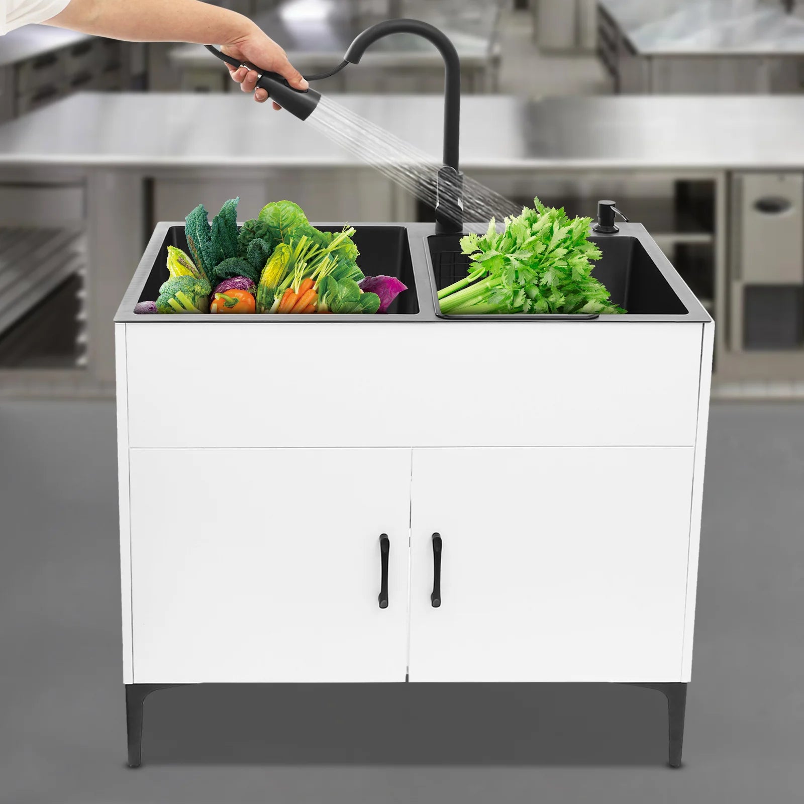 Laundry Sink with Cabinet Sink with Pull-Out Faucet and Cabinet Freestanding Kitchen Sink