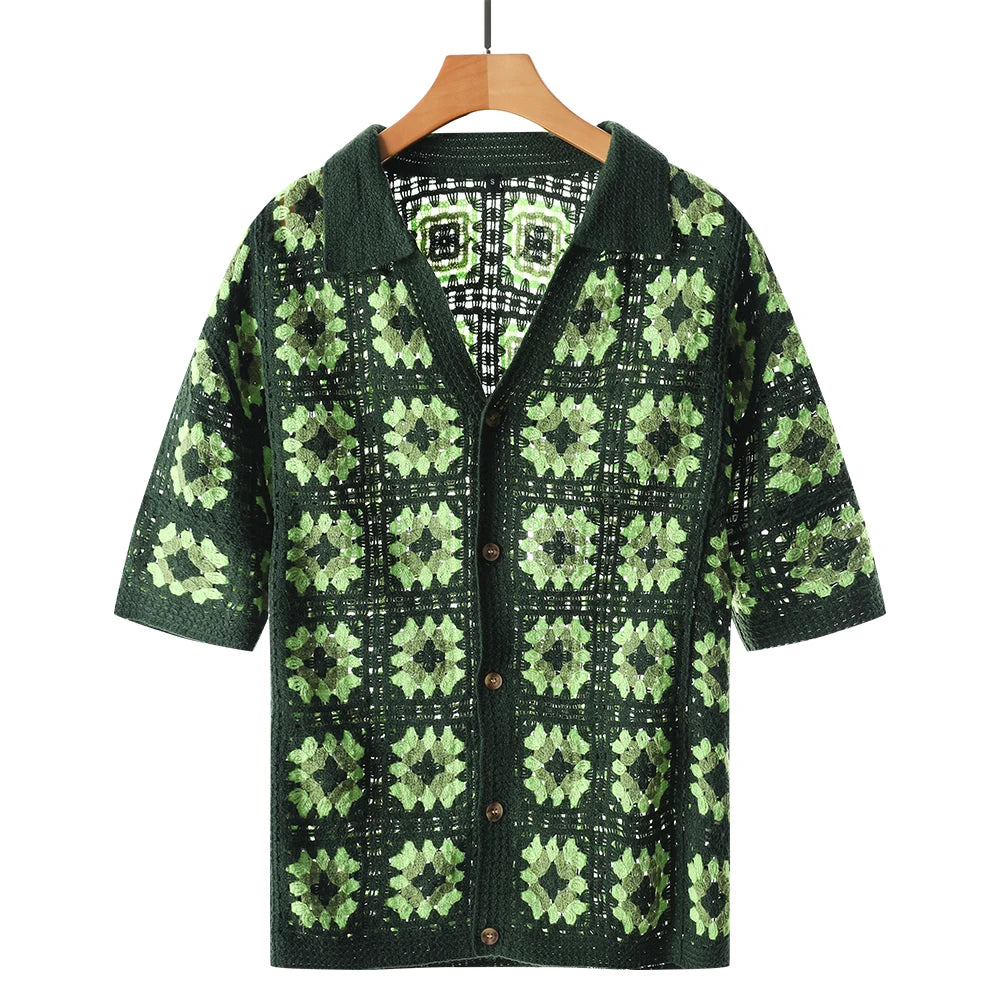 Men's Short Sleeve Summer Fashion Mesh Cardigan Lapel Top Printing Soft Breathable Light Polo Knitwear Men US Size