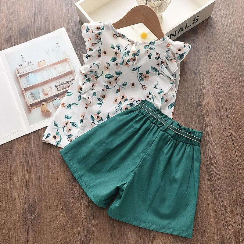 Kids Girl Clothes 2022 Fashion Sling Flower Bow Baby Girls Shirt + Stripe Shorts 2pcs Suit Children Clothing Sets
