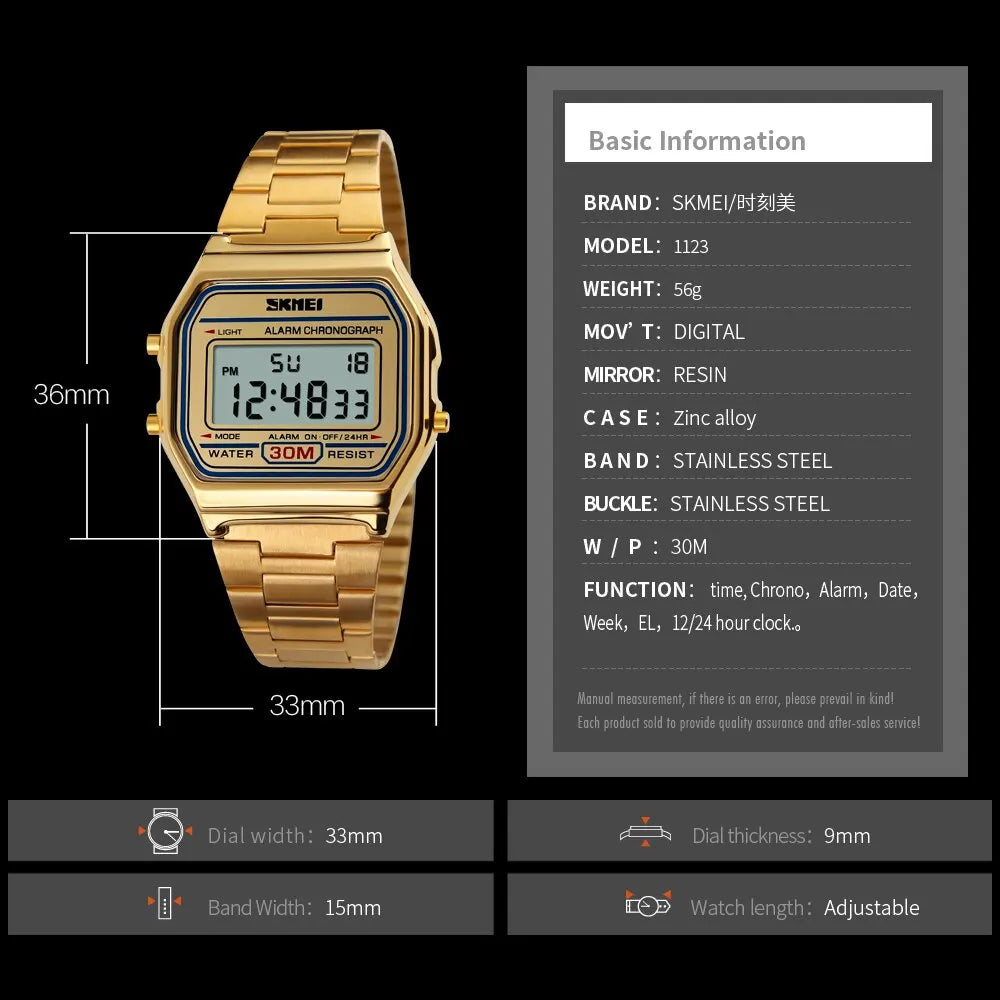 SKMEI Digital Watch for Men Watch Luxury Stainless Steel Electron Waterproof Mens Wristwatches Clock 3Bar Waterproof Reloj Hombr