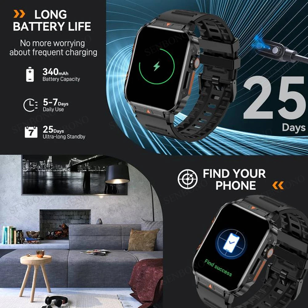 SENBONO New  Men Smart Watch 1.95inch HD Screen Bluetooth Call 24/7 Heart Rate Monitor IP68 100+ Sport Modes Smartwatch for Men