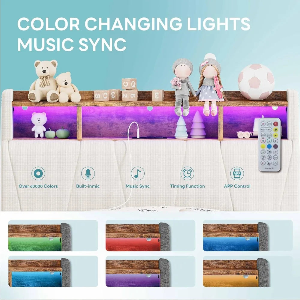 LED Twin Size Bed Frame with 2 Storage Drawers, Charging Station & LED Lights, No Box Spring Needed, Easy Assembly, Bed Frame