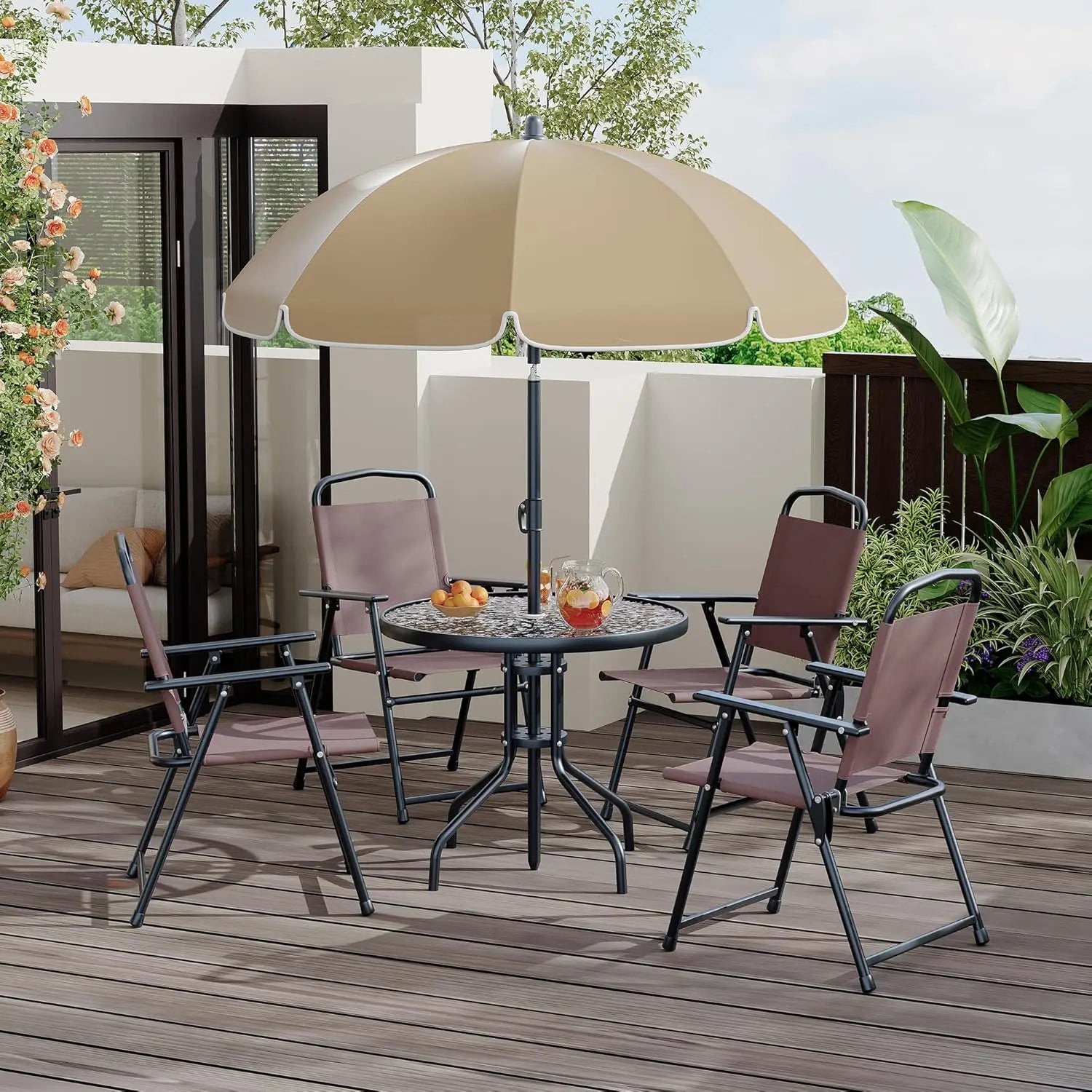 6 Piece Patio Dining Set for 4 with Umbrella, Outdoor Table and Chairs with 4 Folding Dining Chairs & Round Glass Table