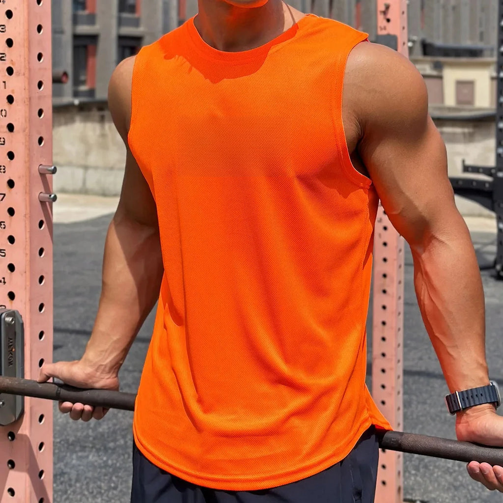 Summer New Trend Men's Pullover Round Neck Mesh Bottom Shirt Sports Fitness Swimming Running Shirt Sleeveless Vest Quick  Dry