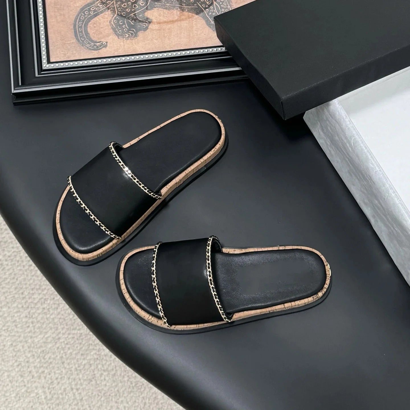 Shoes Women Size34-41 Genuine Leather Flip-Flops Low Heels Slippers Pearl Chain Summer Slides Designer Shoes Zapatillas De Mujer