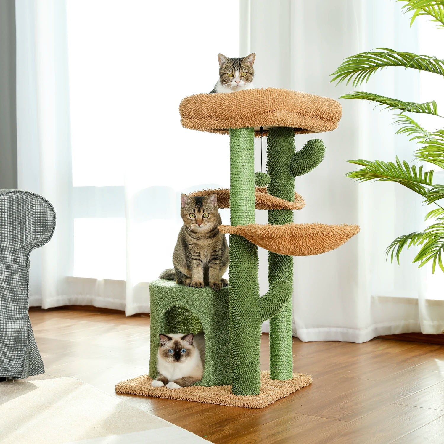 Cactus Multi-Functional Cat Tree Tower with Cozy Cradle,Large Condo, Amusing Furball,Soft Perch,Scratching Post for Indoor Cats