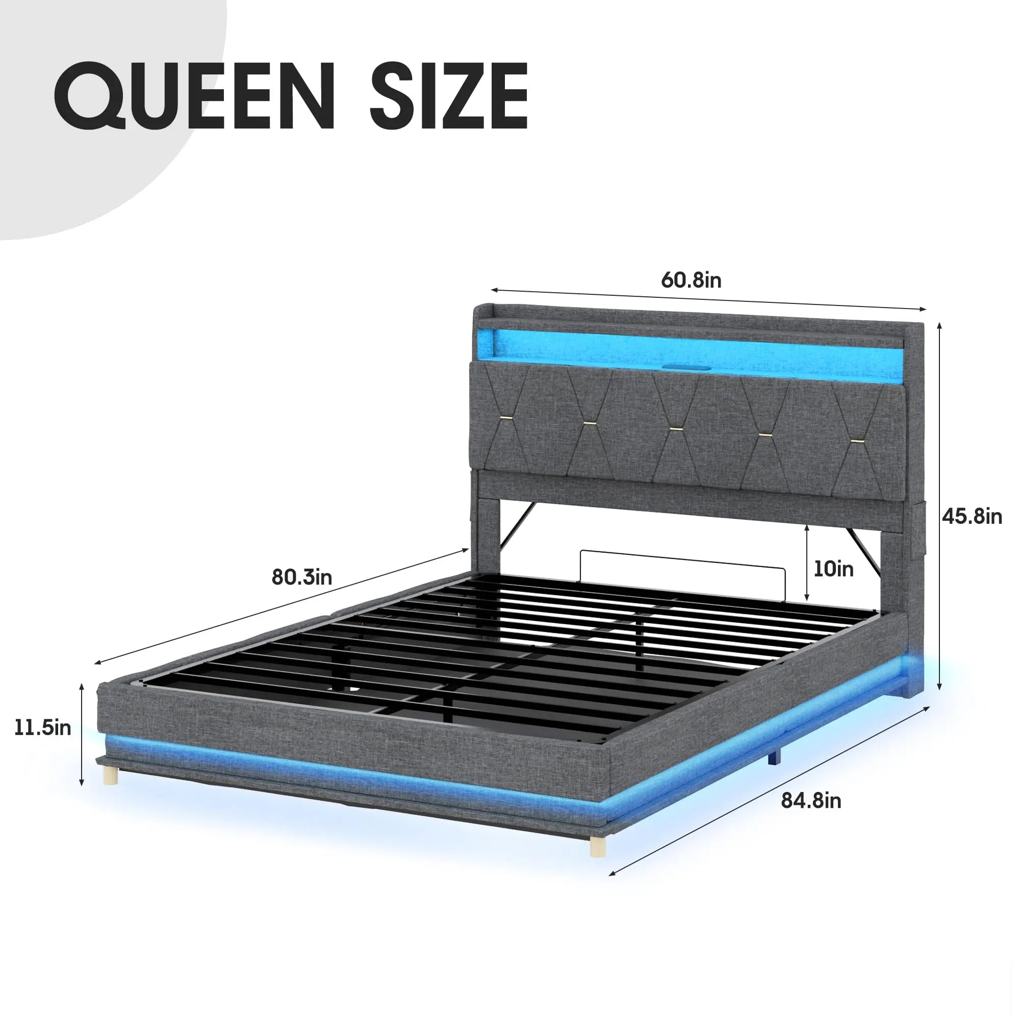 Vabches Lift Up Bed Frame with Storage Headboard&Power Outlet, LED Lights Upholstered Platform Bed Frame for Bedroom Noise-Free