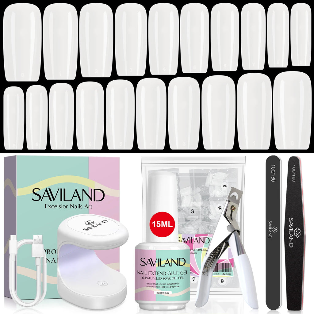 SAVILAND 500pcs Gel X Nail Kit For Extension Nail Tips Full Cover Press On Nails Sculpted Almond Coffin with UV LED Nail Lamp