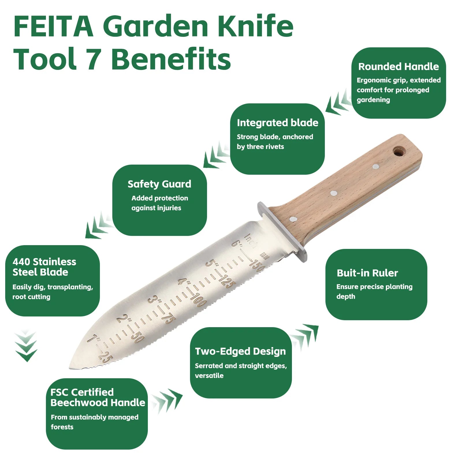 FEITA Hori Hori Garden Knife with Leather Sheath and Sharpening Stone, Garden Soil Knife Tools Gifts for Weeding, Digging
