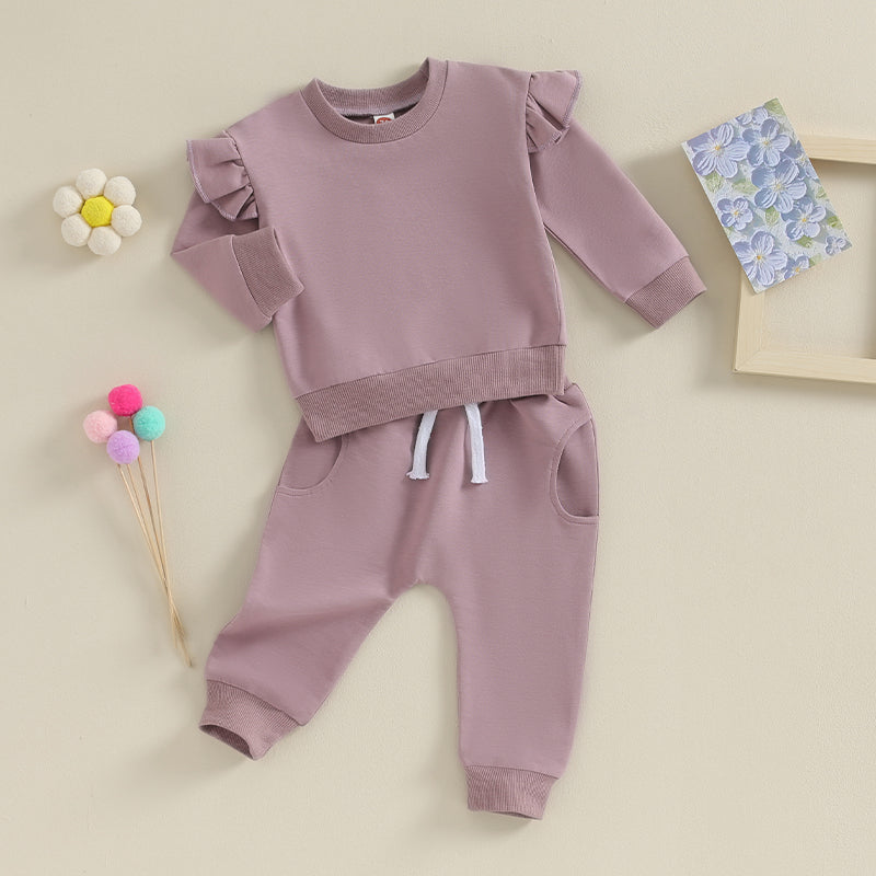 Tregren 0-24M Infant Baby Girls Clothes Long Sleeve Solid Color Sweatshirt Tops Pants 2pcs Set Outfits Toddler Casual Tracksuit