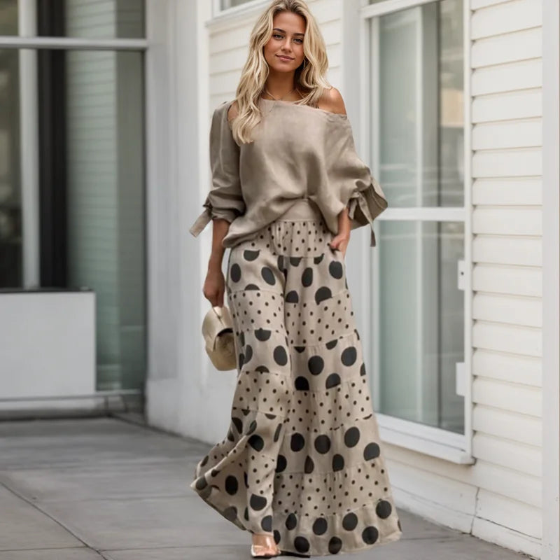 Casual Suit Set For Women Solid Color Nine-quarter Sleeve Slant Collar T-Shirt Women Two Piece Sets Loose Polka Dot Printed Suit