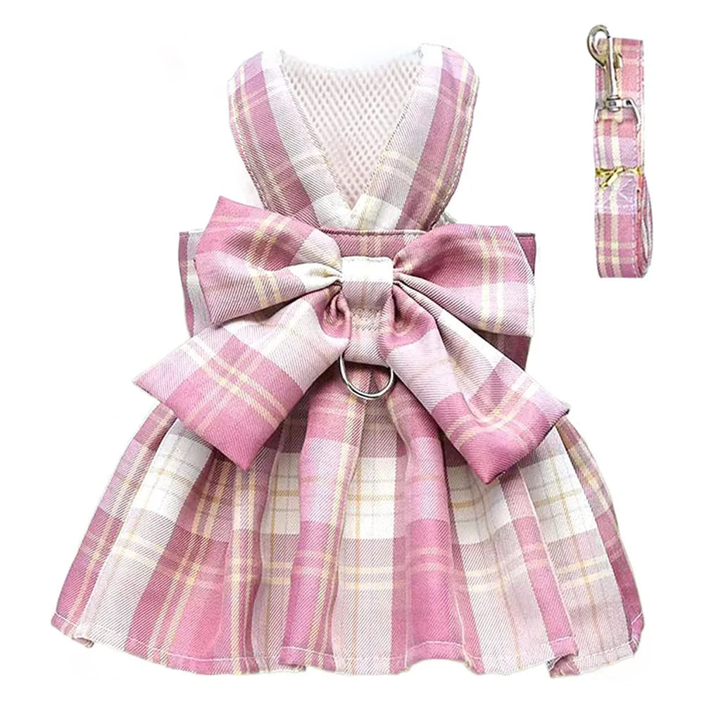 Plaid Dog Dress Bow Tie Harness Leash Set for Small Dogs Cats Girl Cute Princess Dog Dress Puppy Bunny Rabbit Clothes Pet Outfit