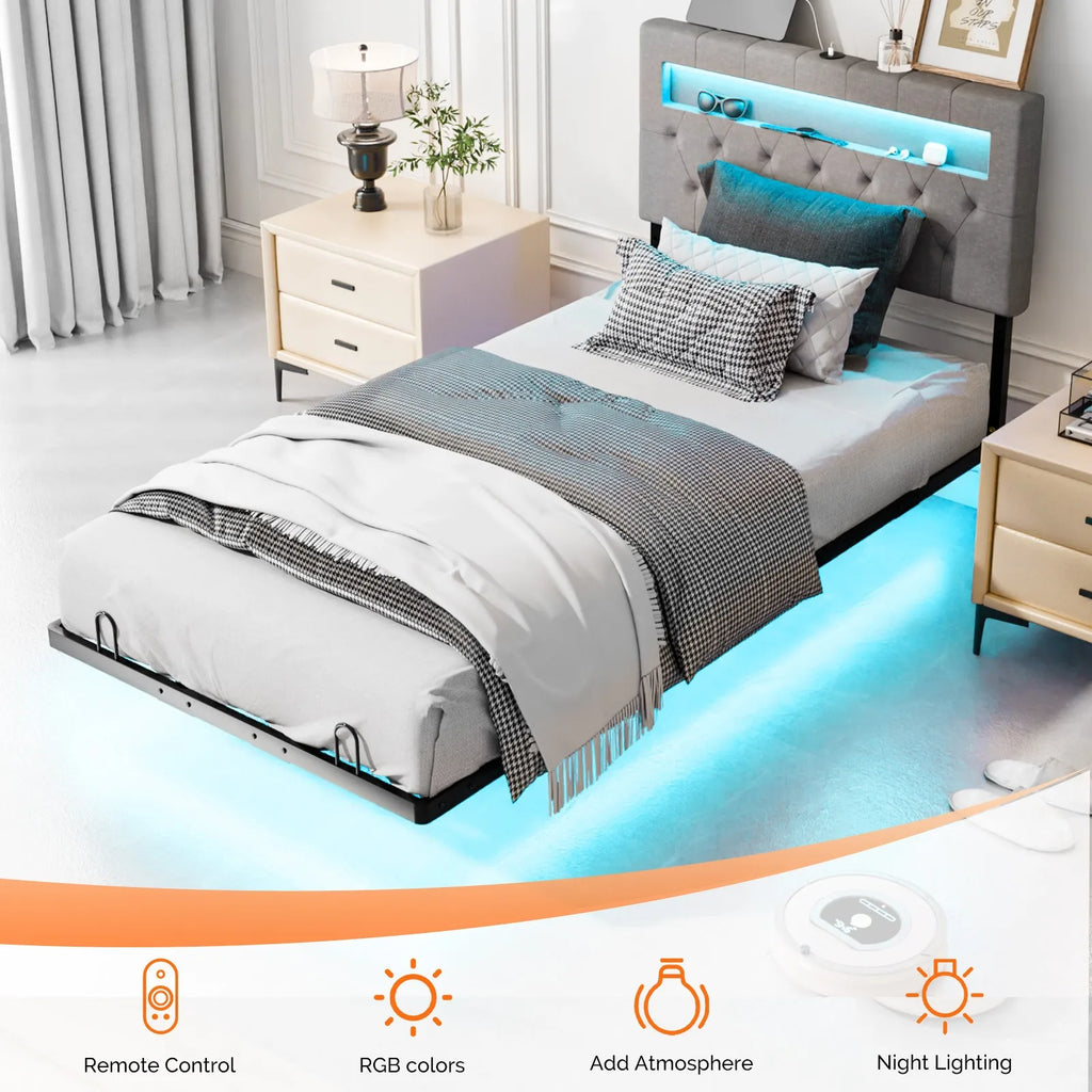 Twin Floating Bed Frame with Upholstered Headboard Charging Station/LED Lights