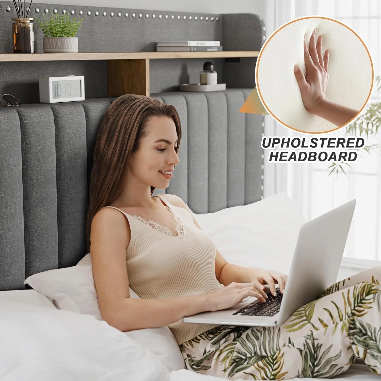 Full size bed frame with headboard and storage space, soft padded full bed frame, gray full bed frame with 2 drawers