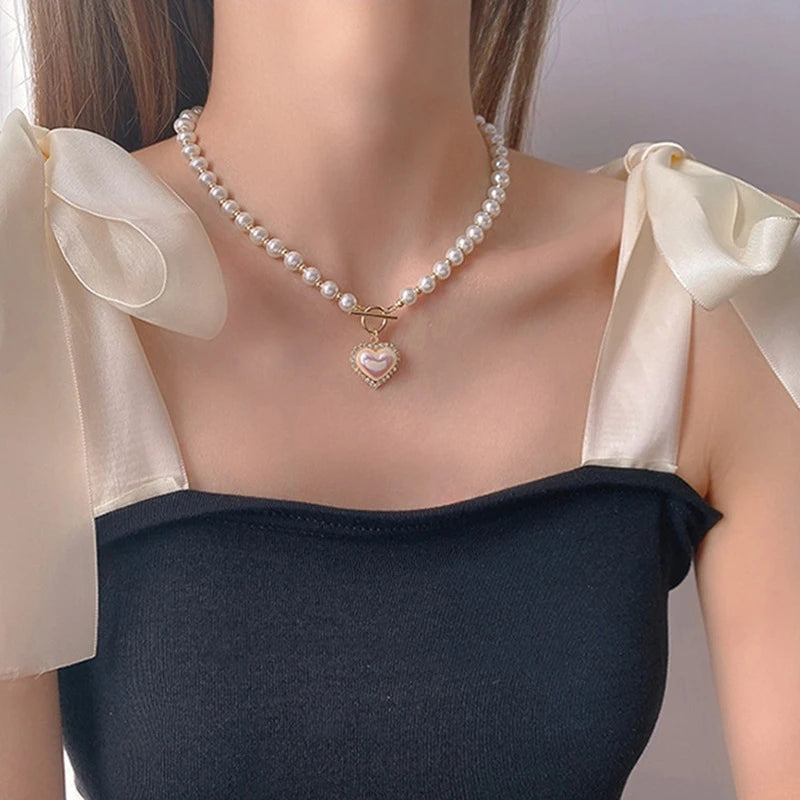 Imitation Pearl Love Necklace Cool and Sweet Simple Gold Pearl Necklace