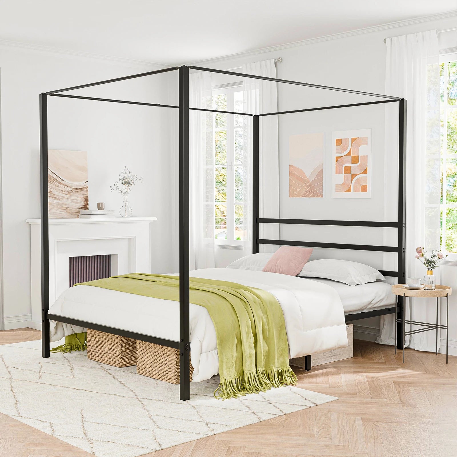 Queen Size Canopy Bed Frame with Headboard Bed Metal Slat No Box Spring Needed