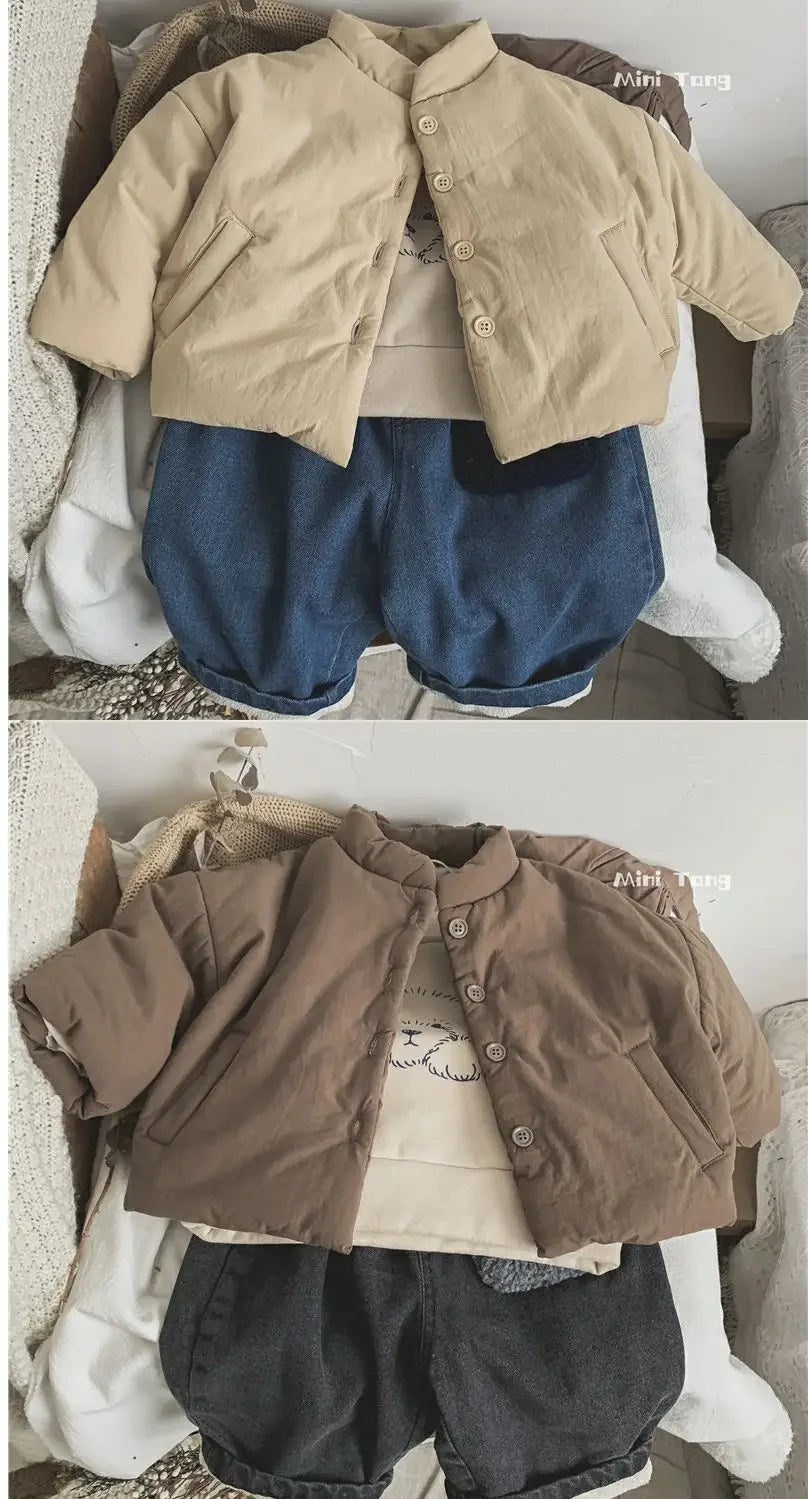 Winter Kids Jacket Thicken Cotton Warm Boys Girls Winter Coat 2024 Solid Color Children Retro Style Outwear Windproof Warm Coat