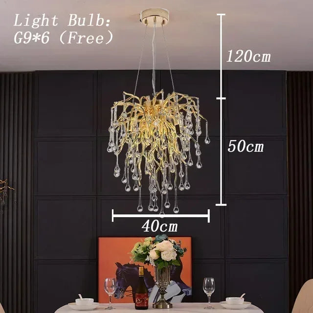 Luxurious Water Drop Golden Base Decorations for Home Light Tree Branch Customize Foyer Luxury Crystal Chandelier