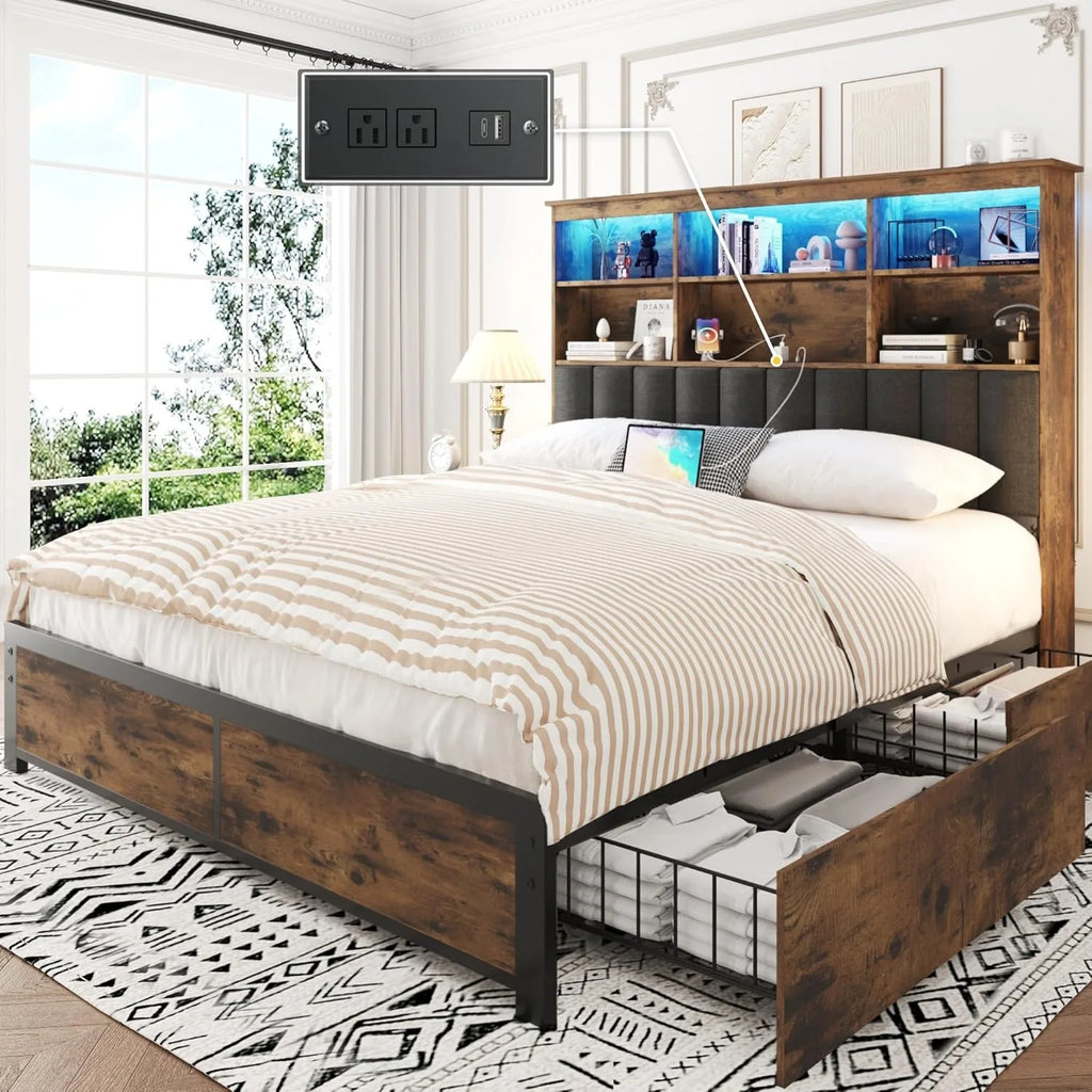 Large bed frame with headboard, high storage bookshelf headboard, 4 storage drawers, charging station and LED, vintage brown