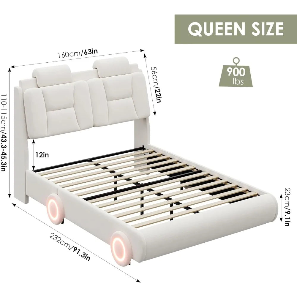 Queen Upholstered Led Bed Frame with Wheels Decor & Adjustable Curved Headboard Modern Car-Shaped Platform Bed with Detachable P