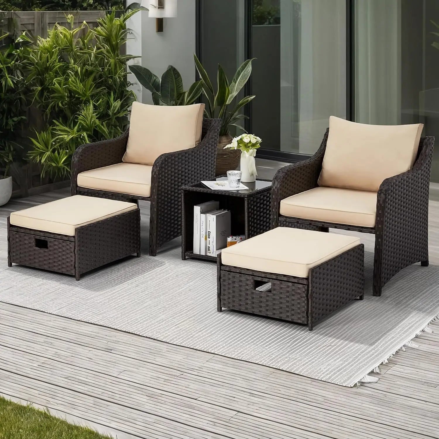 5 Piece Outdoor Patio Furniture Set-360 Wicker Swivel Chairs Set of 2 w/ 2 Ottoman, Coffee Table & Cushions Patio Bistro Set for