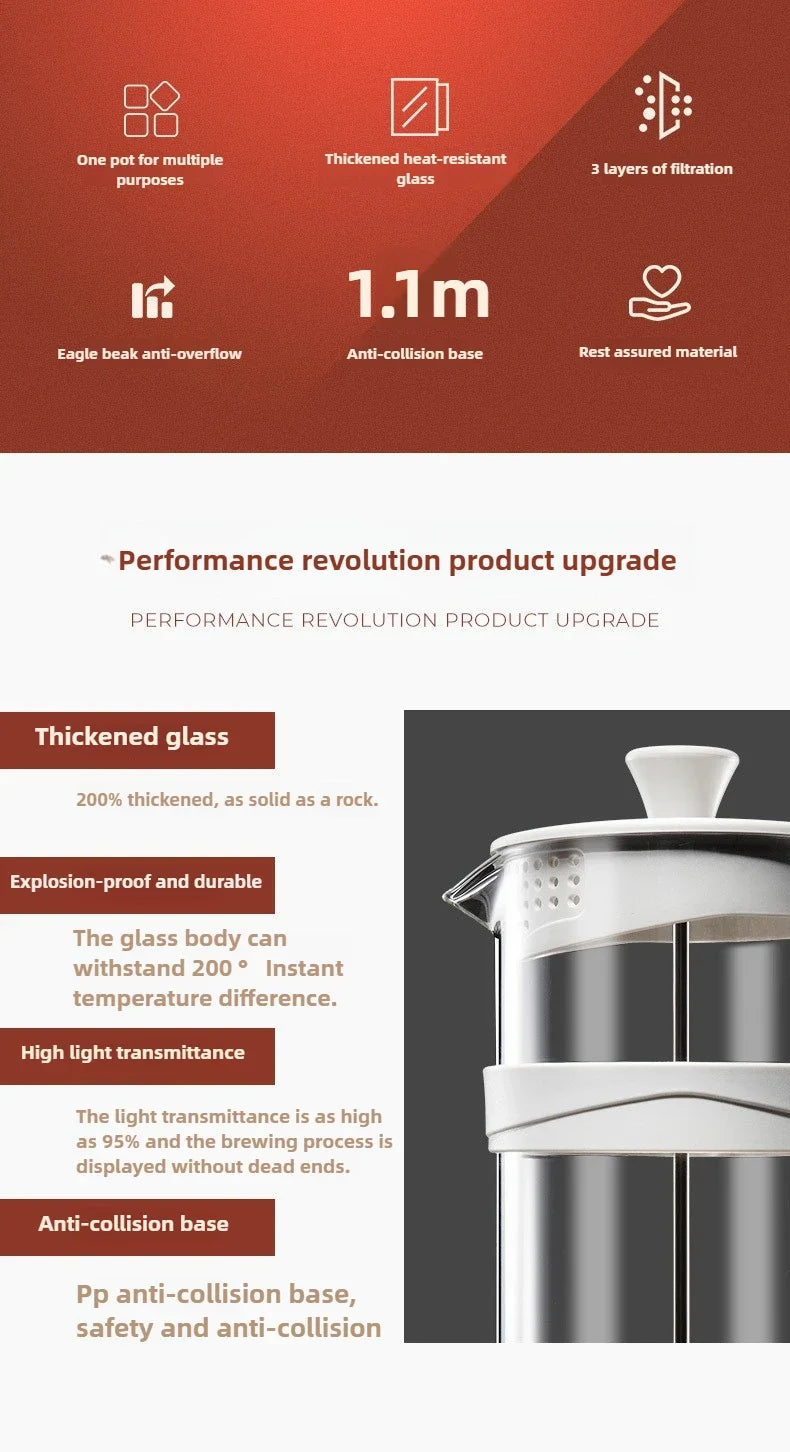 350/800/1000ml French Press Coffee Pot Multifunctional Home Hand Punch Pot Transparent Glass Coffee maker Coffee Accessories