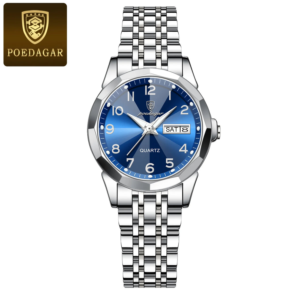 POEDAGAR Fashion Ladies Watch Waterproof Luminous Date Week Watch for Woman High Quality Stainless Steel Women's Quartz Watches