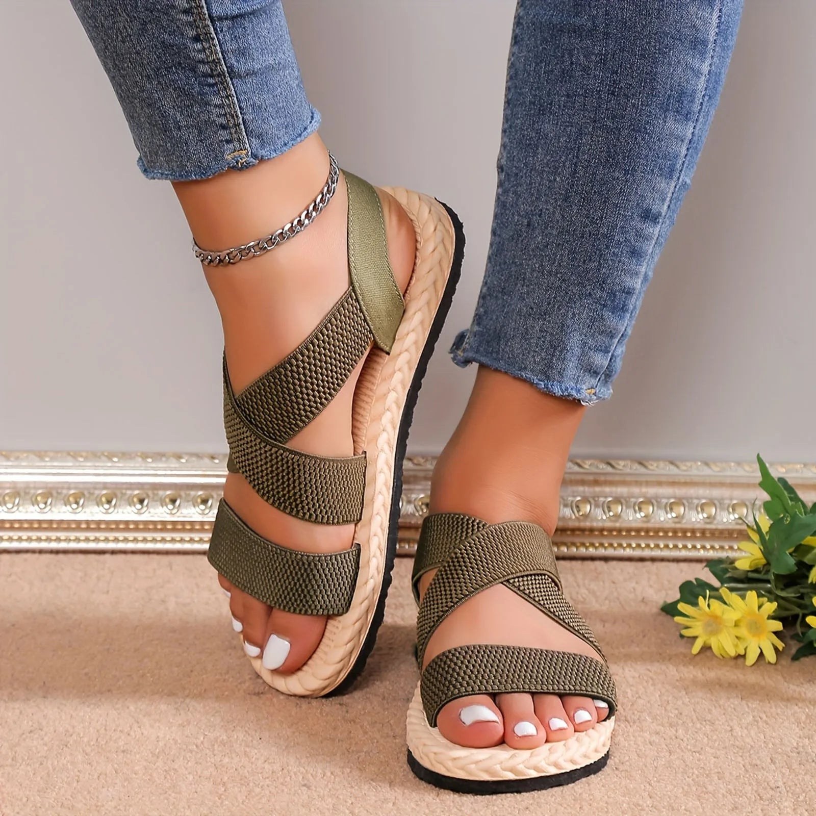 Summer Sandals For Women Spring New Flat Roman Shoes Beach Sandals Soft Sole Large Size Flower Sandals For Women Platform