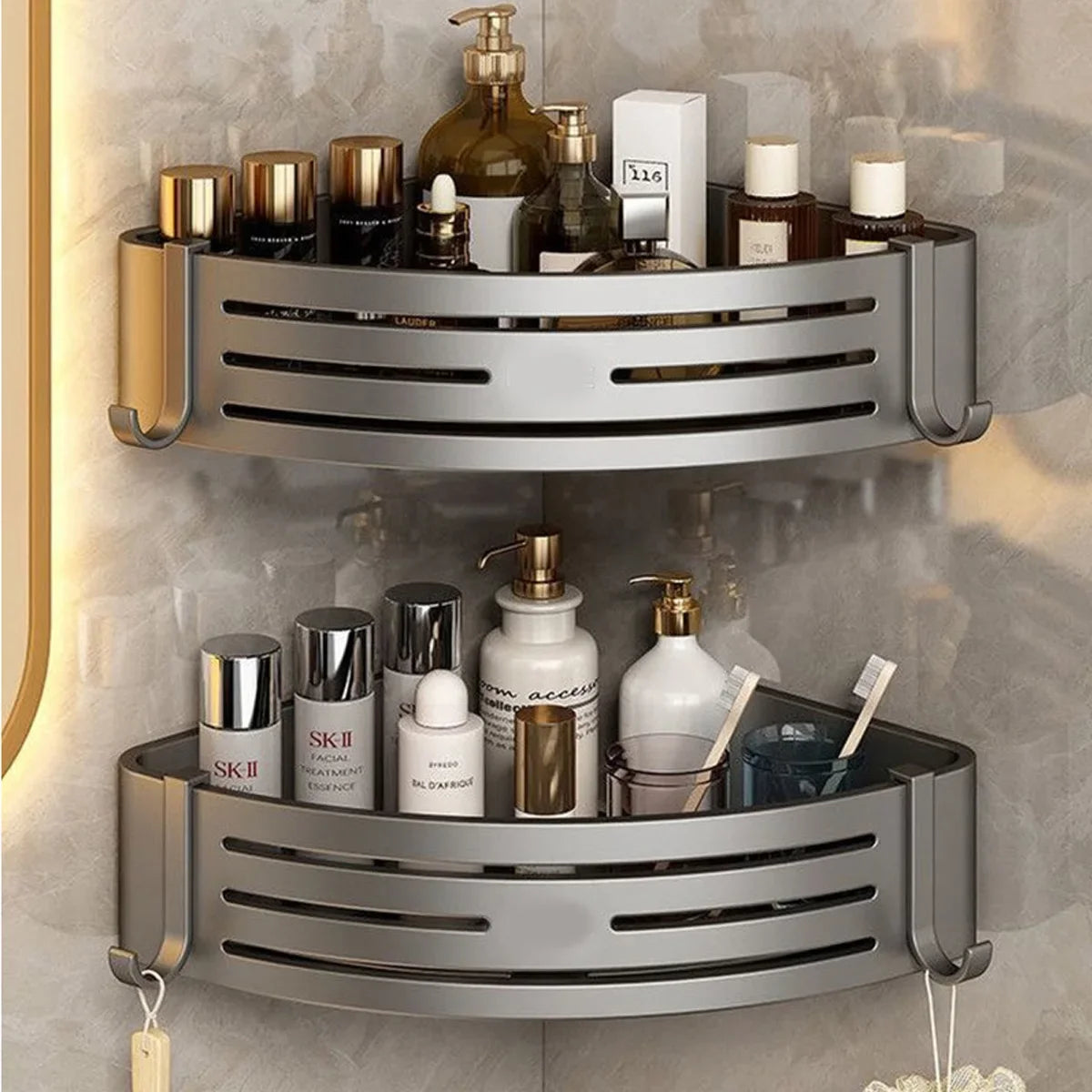 1-2PCS Shower Corner Shelf with Hook Towel Bar No Drill Space Aluminum Shower Storage Rack Bathroom Organizer