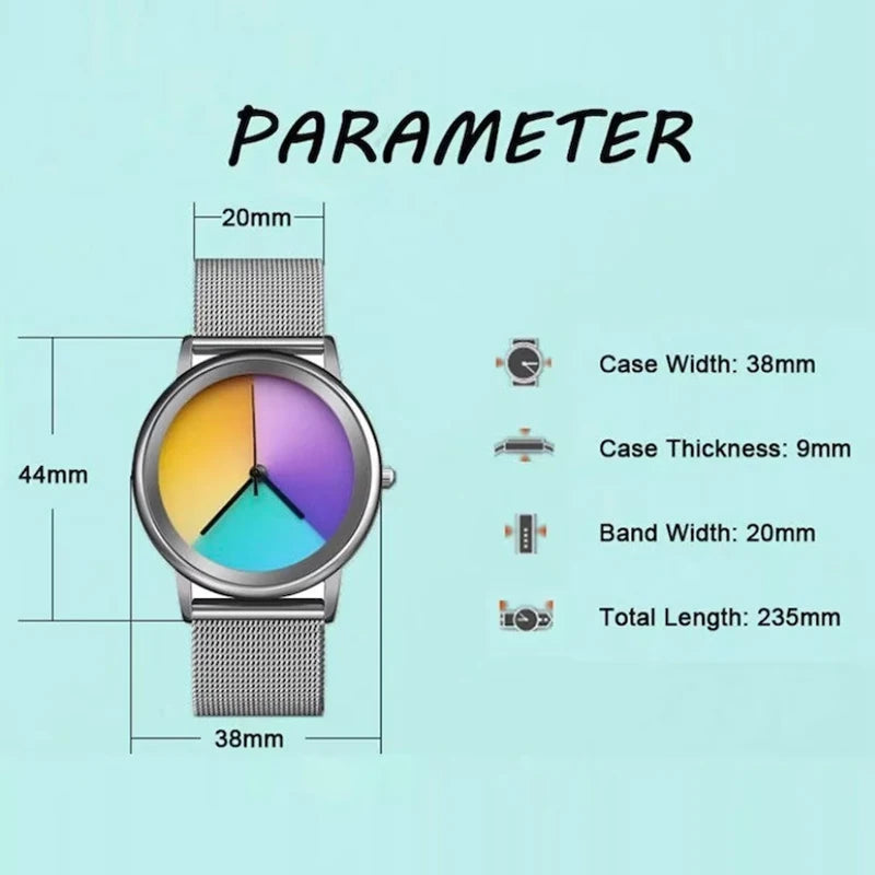 New Unique Women Watch Fashion Casual Colorful Changing Dial Quartz Wriswatch Simple Ultrathin Steel Lady Watches Special Gift