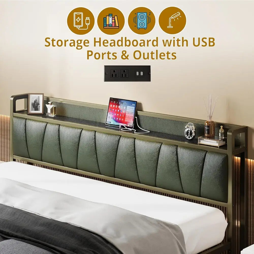 LIKIMIO XL Twin / Queen Bed Frame, Storage Headboard with Charging Station, Solid and Stable, No Box Spring Needed