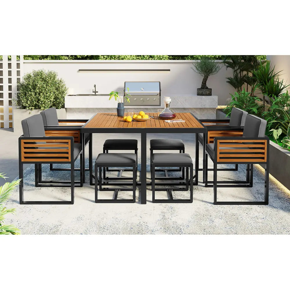 9-Pieces Acacia Wood Patio Dining Set, Space Saving Outdoor Patio Set, 4 Cushioned Chairs & 4 Ottomans & 1 Square Table