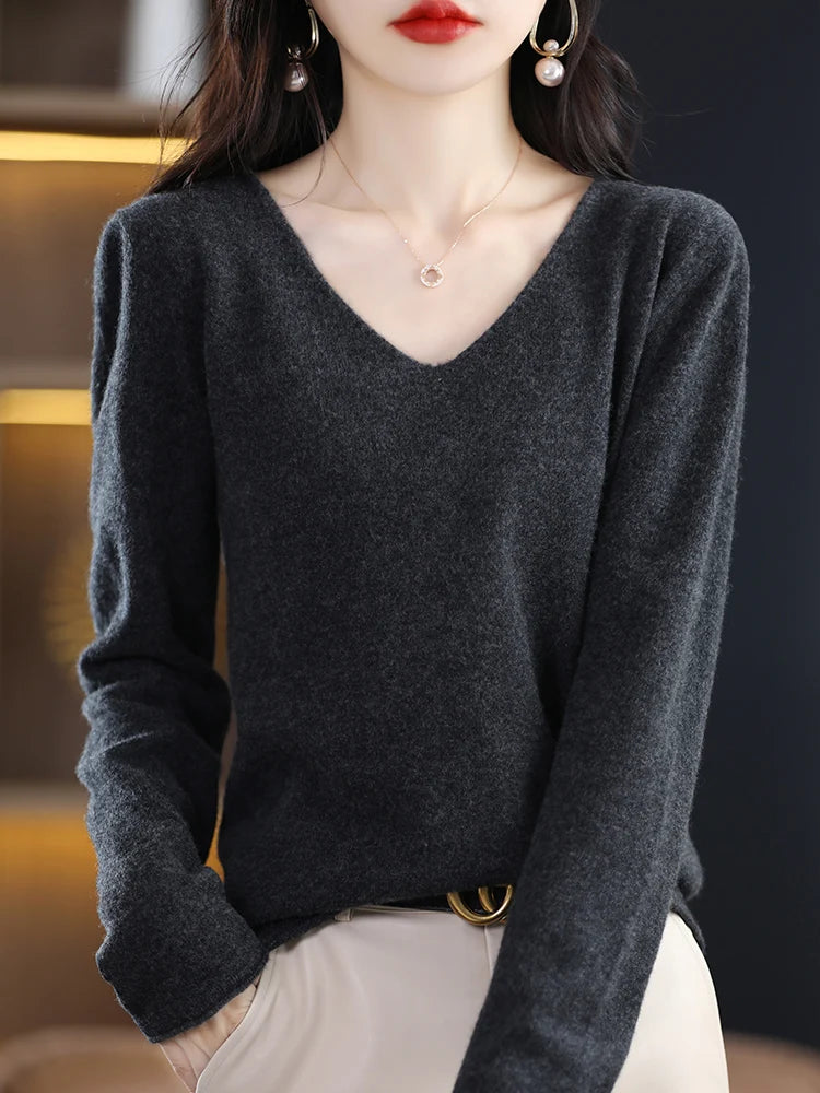 Women's Pullover Sweater For Autumn Winter 100% Merino Wool Knitted Sweater V-neck Basic  Cashmere Long Sleeve Tops