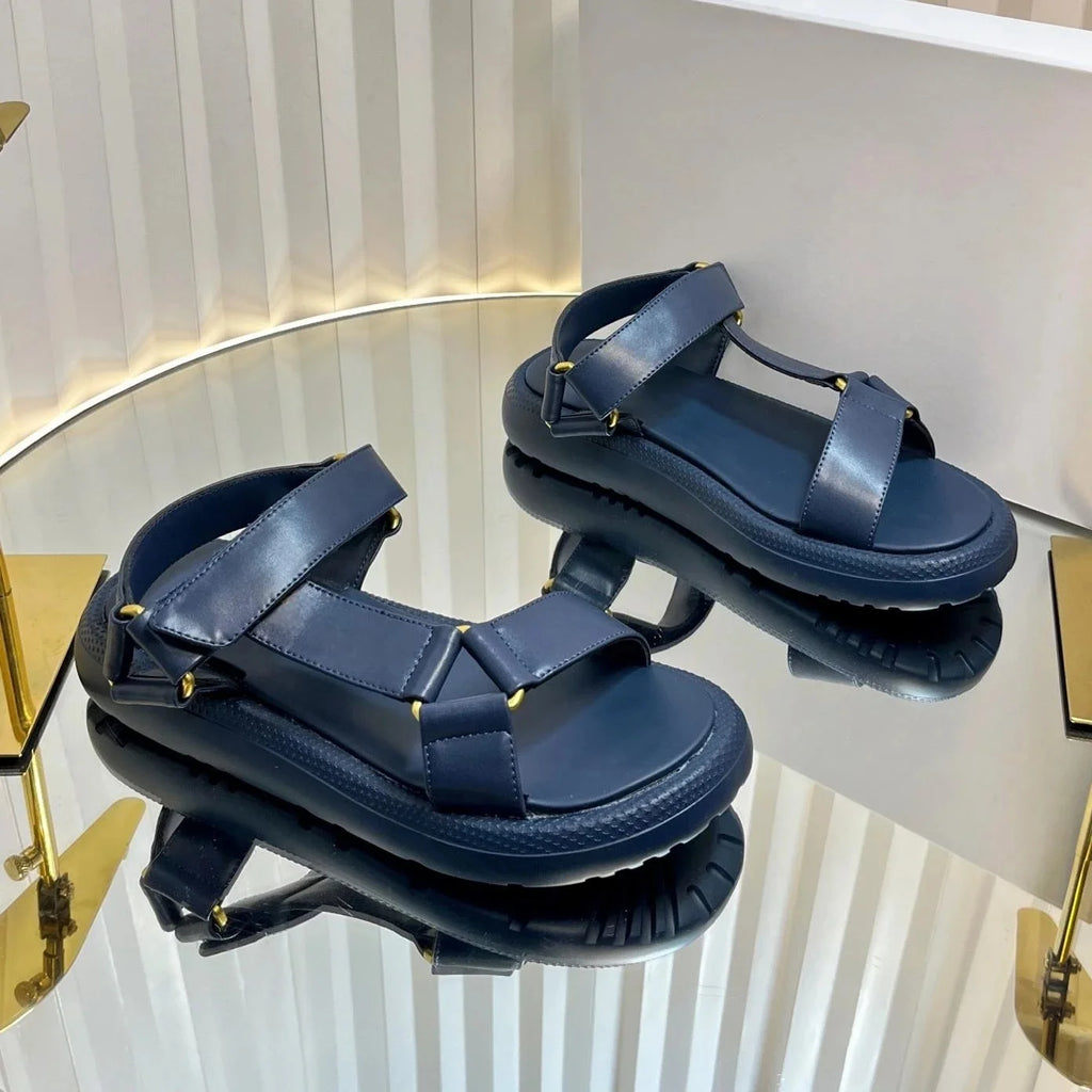 2025 New Arrival Summer Genuine Leather Open-Toe Thick Sole Woman Gladiator Sandals Magic Tape Beach Shoes Handmade Botas Mujer