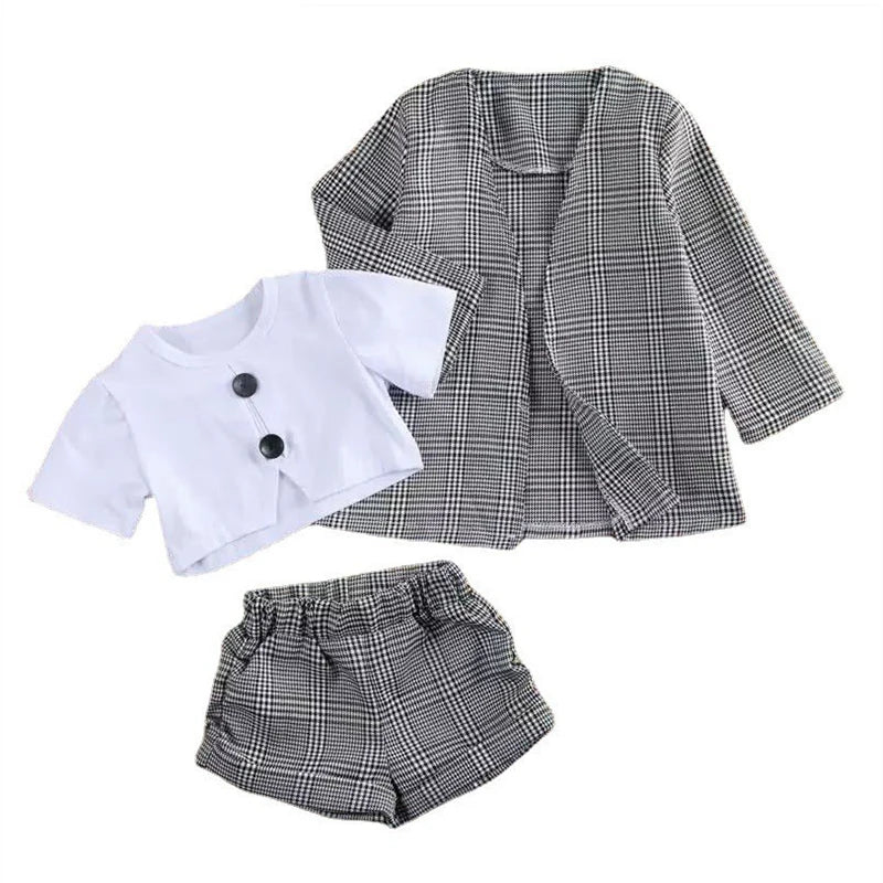 Baby Girls Clothes Sets Infant Toddler White Top T-Shirt+Grey Checkered Suit+Short 3PCS Costumes For Girls 2025 Girls Outfit Set